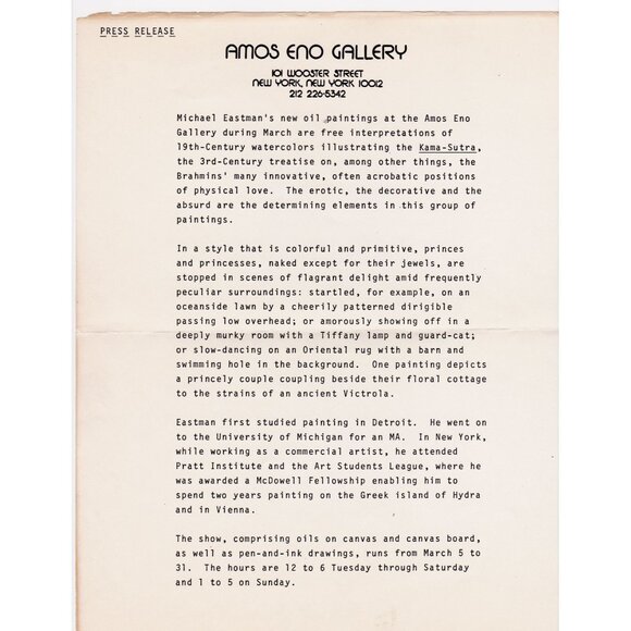 Michael Eastman Kama-Sutra Amos Eno Gallery Art Card + Press Release 1982 NYC - Picture 3 of 4